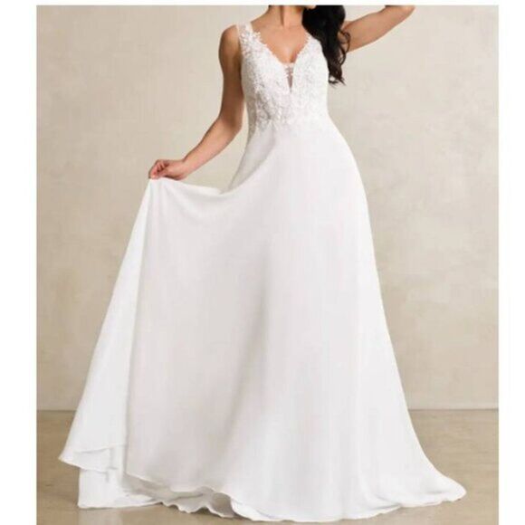 Azazie Women's Elegant Chiffon Lace Sequins Diamond‎ White Wedding Dress Size 0 - Picture 5 of 5